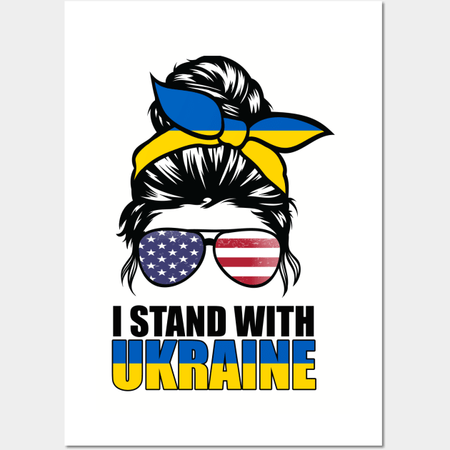 Ukrainian American Flag I Stand With Ukraine Messy Bun Women Wall Art by fadi1994